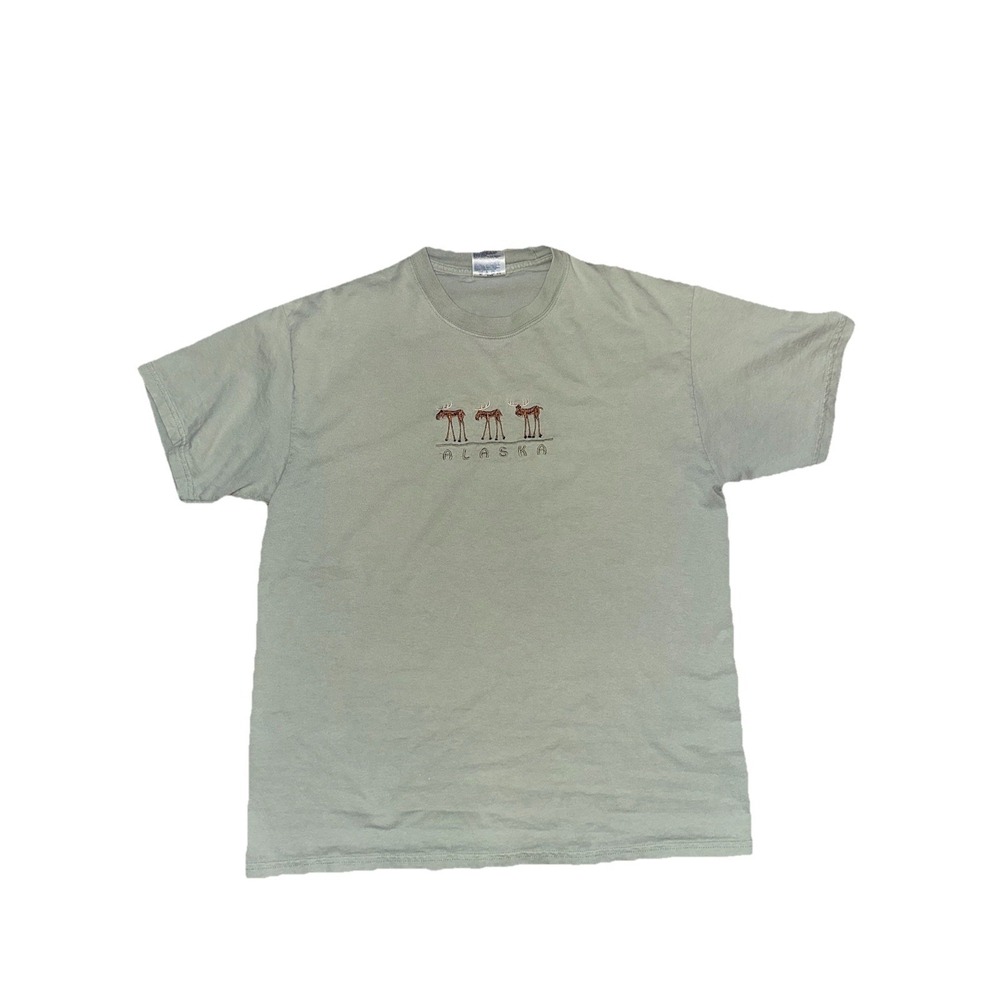 Vintage Alaska T Shirt Embroidered Moose Size Large Green
